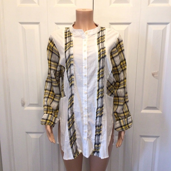 NWOT POL Womens Boho Yellow Plaid Crinkle Button Up Tunic Top Size Large - Picture 2 of 7